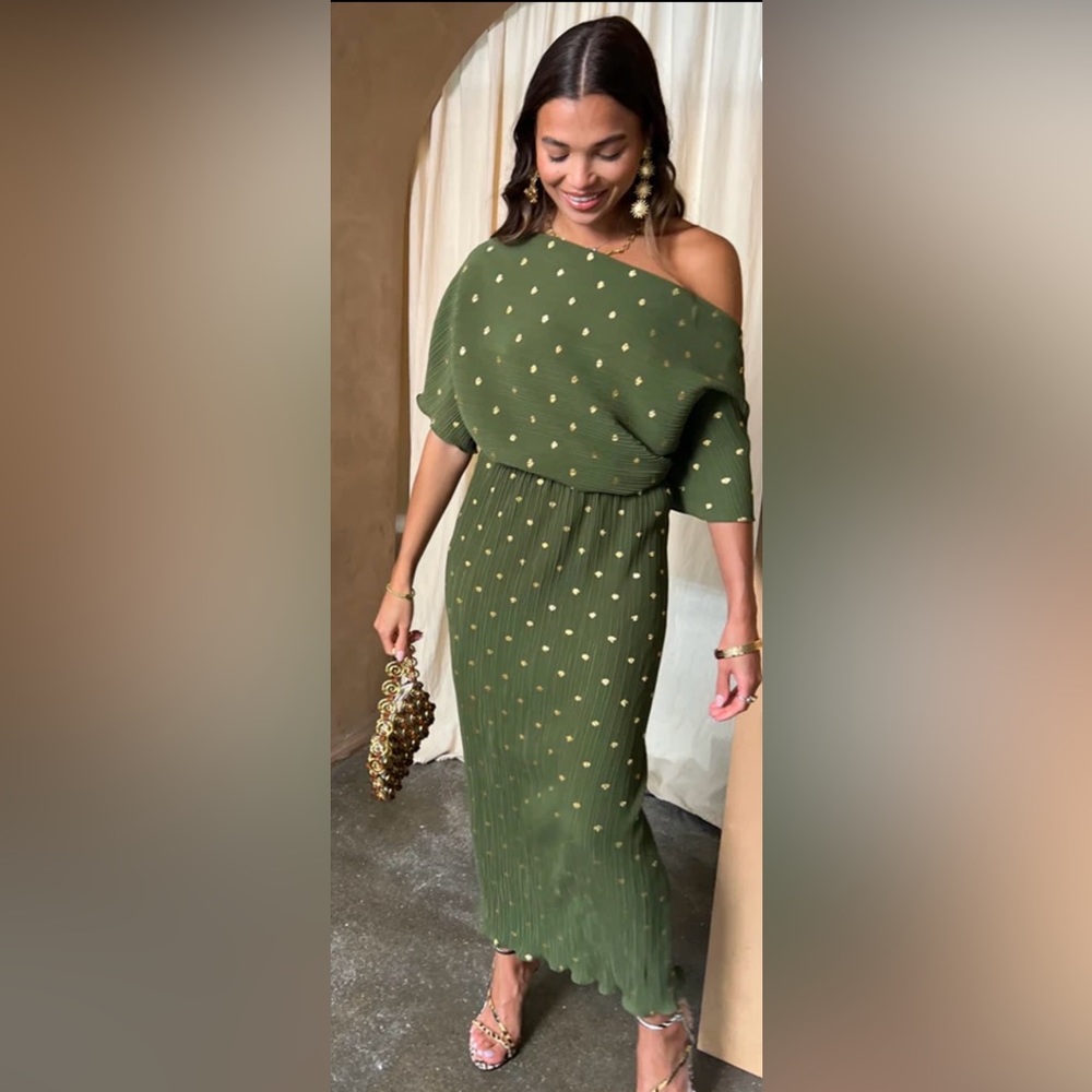 Never Fully Dressed Khaki Tilly Plisse dress with gold fleck.